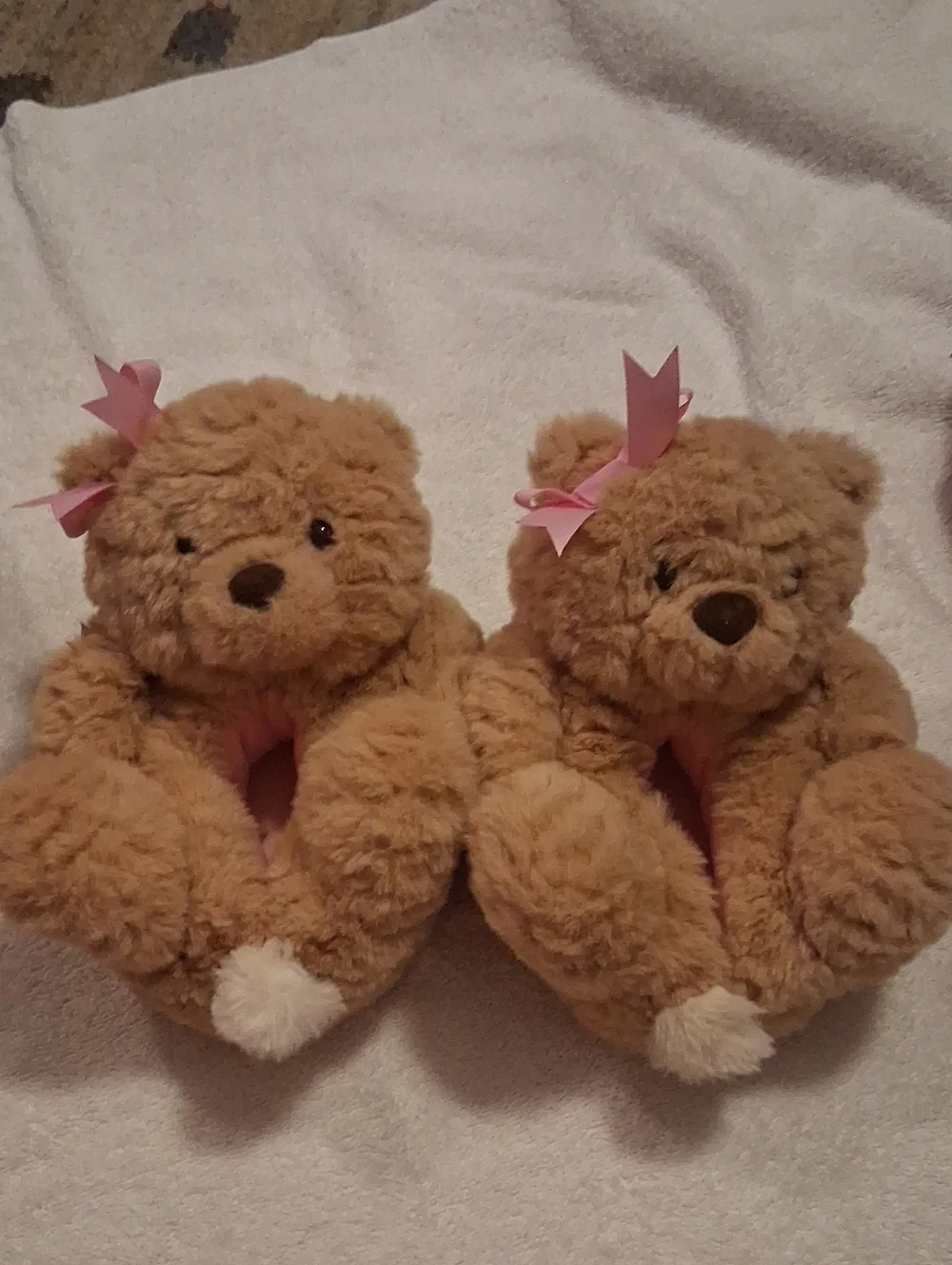 Plush Bear Kids Slippers - Brown with Pink Bow Size 5-6